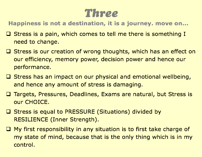 Three
Happiness is not a destination, it is a journey. move on...
q Stress is a pain, which comes to tell me there is something I need to change.
q Stress is our creation of wrong thoughts, which has an effect on our efficiency, memory power, decision power and hence our performance.
q Stress has an impact on our physical and emotional wellbeing, and hence any amount of stress is damaging.
q Targets, Pressures, Deadlines, Exams are natural, but Stress is our CHOICE.
q Stress is equal to PRESSURE (Situations) divided by RESILIENCE (Inner Strength).
q My first responsibility in any situation is to first take charge of my state of mind, because that is the only thing which is in my control.